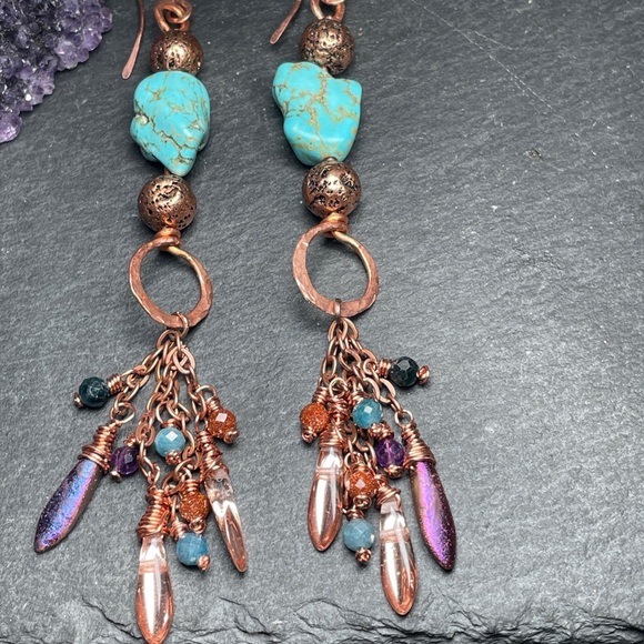 Artisan Turquoise Hand Wired Copper Fringe Dangle Earrings - Picture 11 of 14